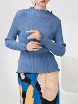 LANMREM Pleated T-shirt For Women Ruffles Collar Long Sleeves Solid Color Slim Style Female Top 2025 Spring New 2DB1078