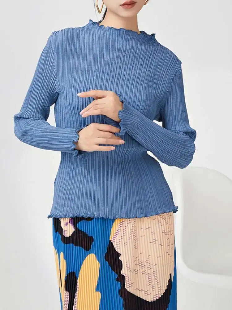 LANMREM Pleated T-shirt For Women Ruffles Collar Long Sleeves Solid Color Slim Style Female Top 2025 Spring New 2DB1078