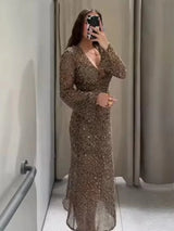 Sexy Sequined Long Pleated Dress Women Deep V-neck Full Sleeve See Through Dresses 2026 Summer Lady Party Evening Dresses ﻿