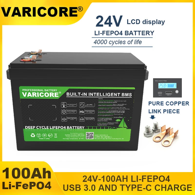 VariCore 24V 100AH 32ah 8s LiFePO4 Battery Lithium Iron Phosphate for 25.6v 29.2V Golf Cart Car Lighter Campervan Batteries