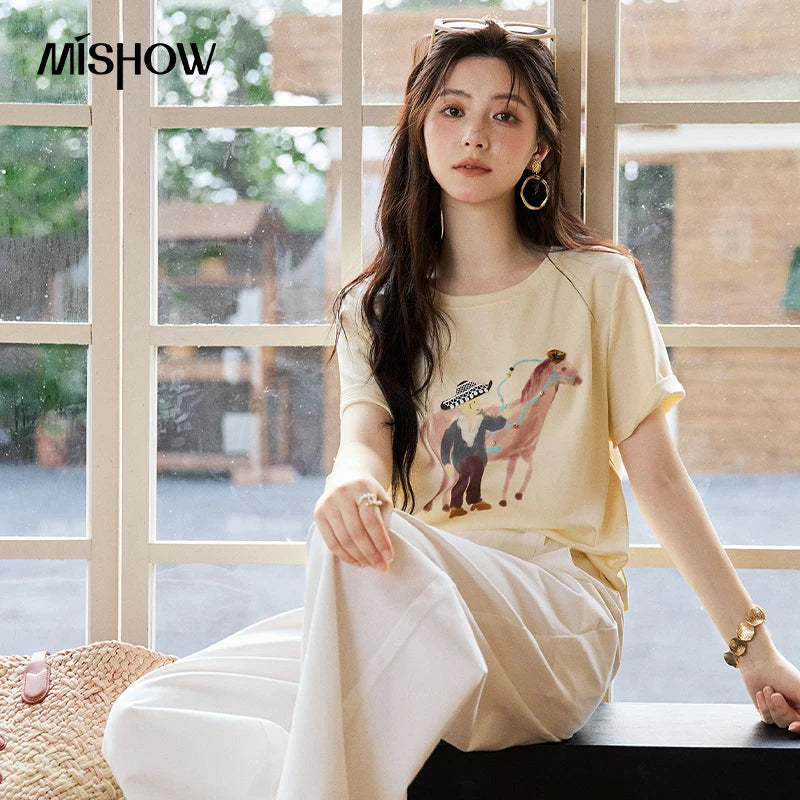 MISHOW Short Sleeved Round Neck Pony Printed T-Shirt For Women Summer 2026 New Daily Versatile Casual Cotton Tee MXF25T1621