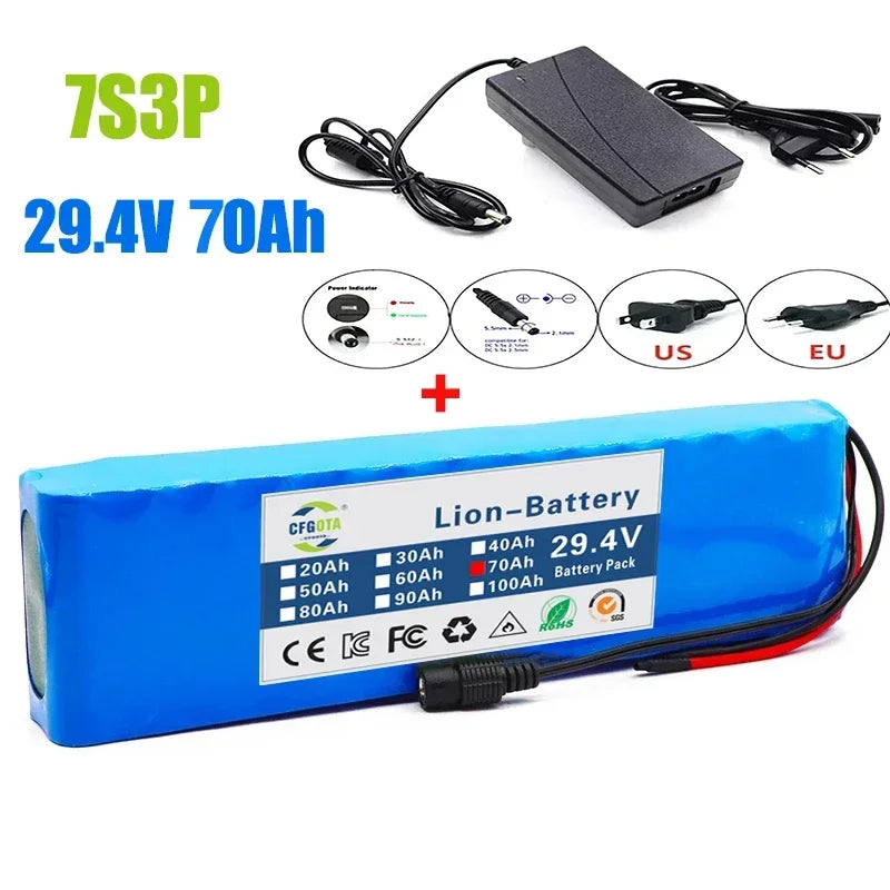 18650 Rechargeable Lithium Battery Pack 7S3P 29.4V 100Ah with BMS Suitable for 24V - 29.4V motors+2A Charger
