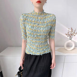 Miyake Style Handmade Pleated Top for Women 2025 Summer New Comfortable Casual Slit Loose Round Neck Short-sleeved T-shir Woment