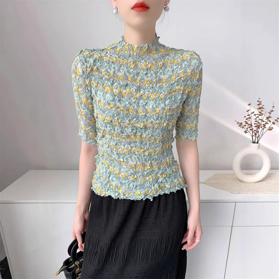 Miyake Style Handmade Pleated Top for Women 2025 Summer New Comfortable Casual Slit Loose Round Neck Short-sleeved T-shir Woment