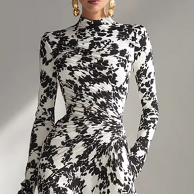 Sexy O Neck Floral Print Long Maxi Dress Woman 2026 Spring High Waist Slim Draped Party Dress Fall Long Sleeve A-Line Boho Dress