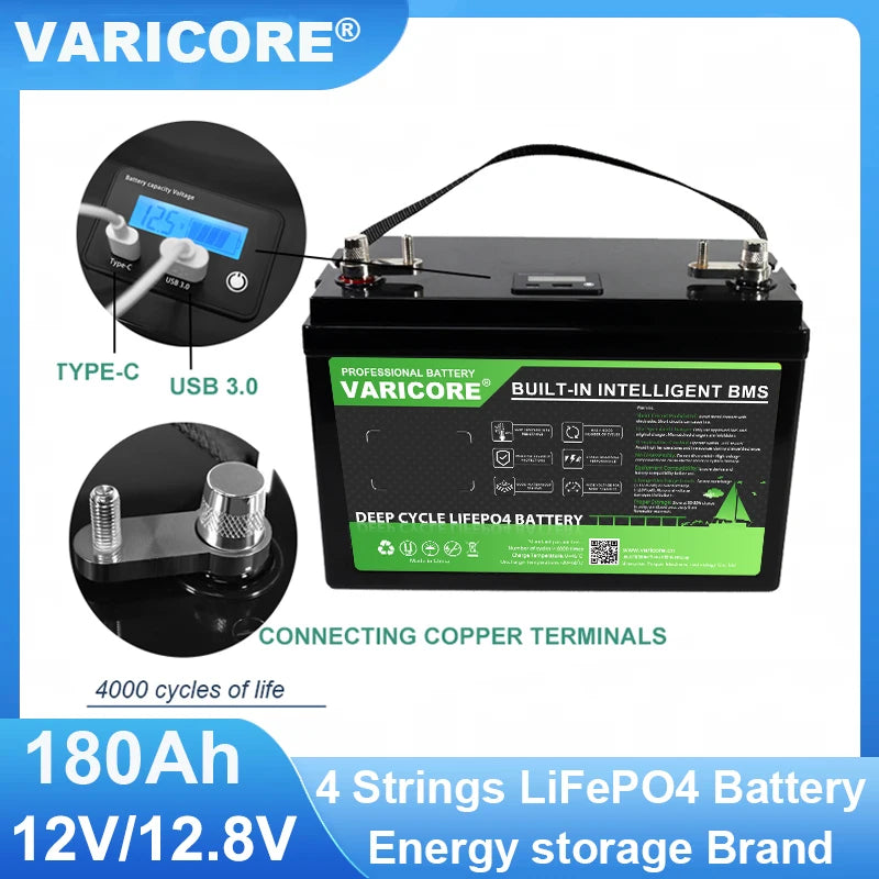 New VariCore 12.8V 180AH LCD LiFePO4 Battery Pack 12V 4Strings Lithium Batteries for Inverter Touring Car Solar 14.6V Golf Cart