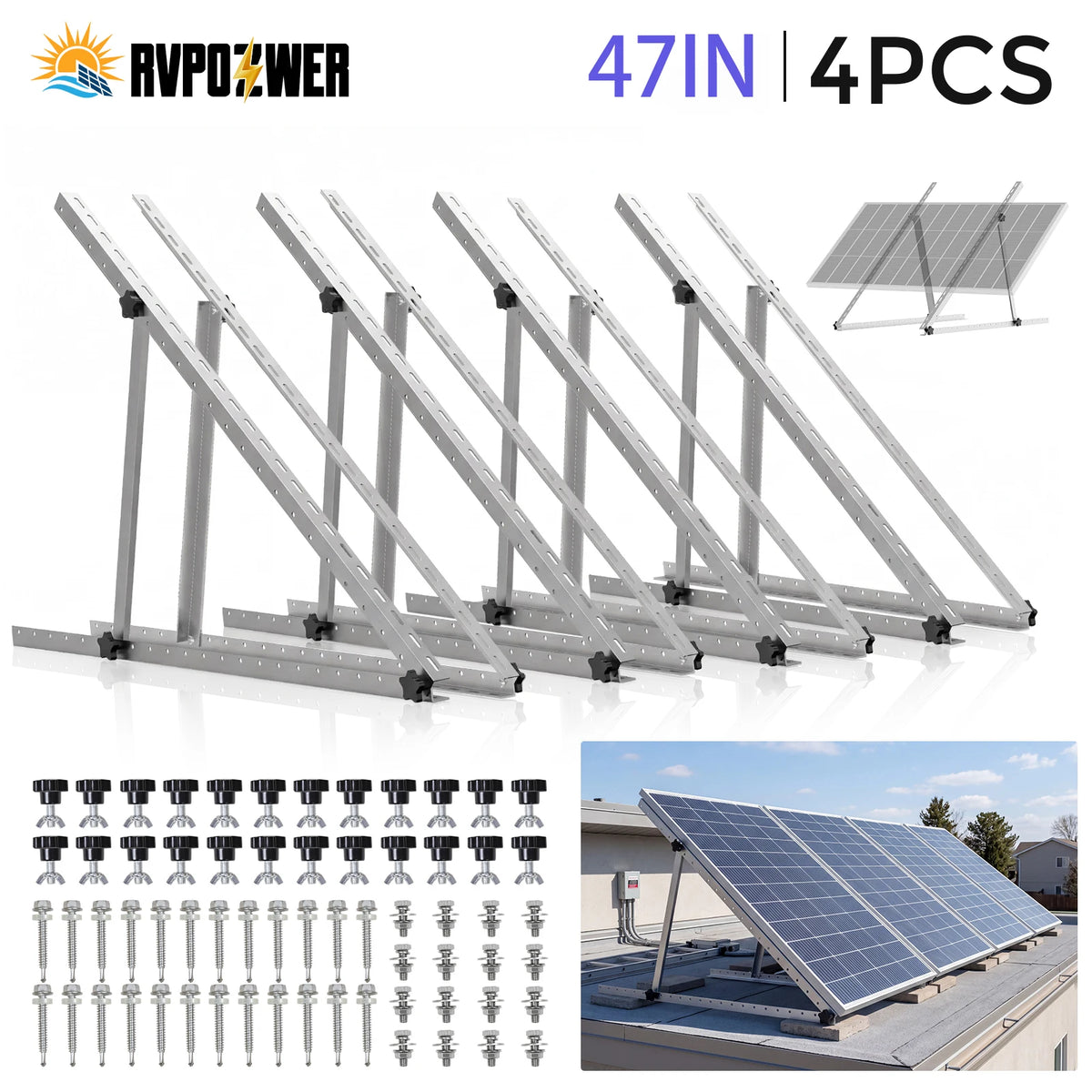 RVPOZWER 47in Adjustable Solar Panel Mount Bracket Heavy‑Duty Tilt Legs Stand 1/2/4 PCS for Roof RV Caravan Boat Off‑Grid Outdoor Solar Panel Installation