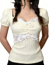 Womens Pink Puff Sleeve Sweetheart Neck Lace Patchwork Slim Fit Top