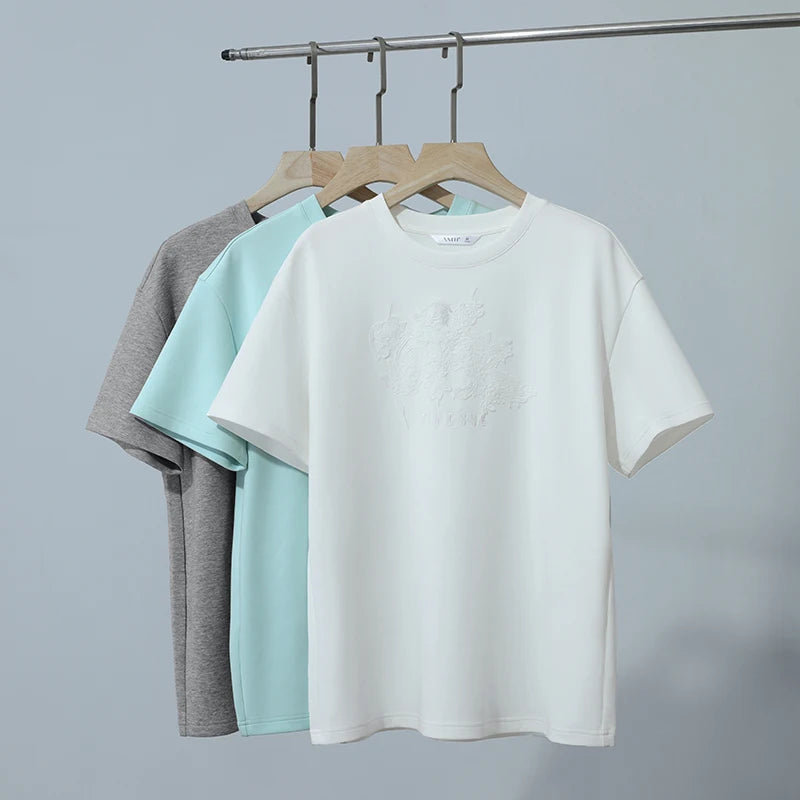 Amii Women's T-Shirt 2026 Summer New Round Neck Drop Shoulder Cotton Tee Lace Embroidered Woman Loose Fit Knit Tops 12622048