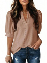 Womens Summer Casual V-Neck Short Sleeve Hollow Out Top