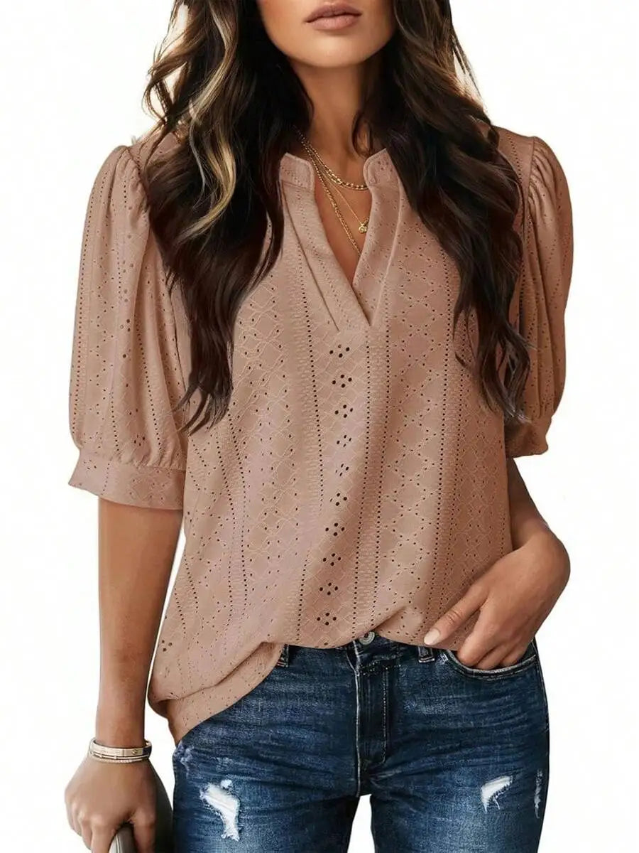 Womens Summer Casual V-Neck Short Sleeve Hollow Out Top