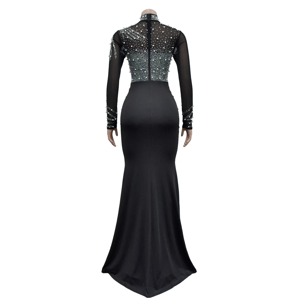 HBLL Women Long Sleeve Birthday Dresses Sexy Hot Diamond Process Pearl Beading Sexy See Through Dress Party Club Night Dress