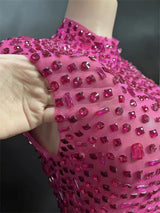 Sparkly Rhinestone Sleeveless Stretchy Mesh See Through Long Dress Women Luxury Evening Prom Gown Singer Dancer Show Stage Wear