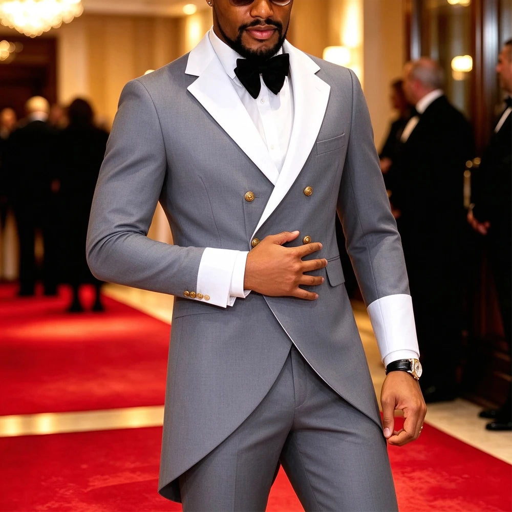Men Grey Double Breasted Tailcoat Suit 2 Pieces White Peak Lapel Gold Buttons Slim Fit Jacket Pants Set Wedding Groom Tuxedo For Party Prom