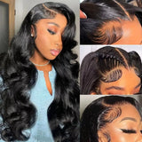 18-46 Inch Natural Black Body Wave 13x6 HD Transparent Lace Front Wig 200 Density Pre Plucked Hairline Supports Various Styling Creations