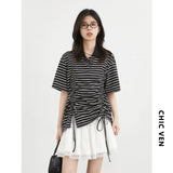 CHIC VEN Women T-Shirts Slim Pullover Short Sleeve New Contrast Stripes Pleated Tees Female Top for Girl Spring Autumn 2026