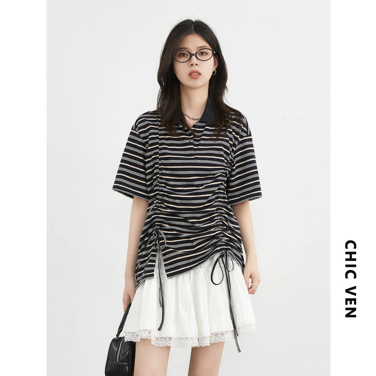 CHIC VEN Women T-Shirts Slim Pullover Short Sleeve New Contrast Stripes Pleated Tees Female Top for Girl Spring Autumn 2026