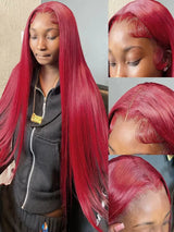 99j Burgundy Lace Front Human Hair Wig 40 Inch 13x6 Straight Lace Frontal Wigs HD Transparent Lace Colored Red Wig For Women
