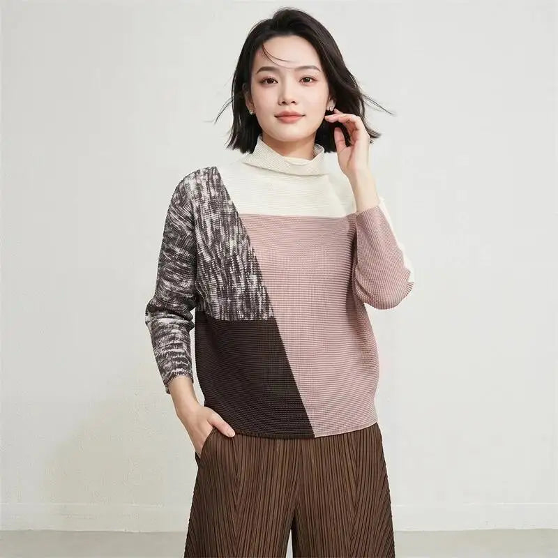 LANMREM Spring Autumn New Women's Pleated T-shirt High Collar Colorblock Long Sleeve Pullover Tops Simple Versatile Elastic Tee