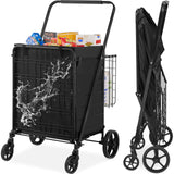 SucceBuy Folding Shopping Cart w/ Removable Waterproof Liner 106/330LBS Large Capacity 360° Swivel Wheels Dense Metal Mesh Base