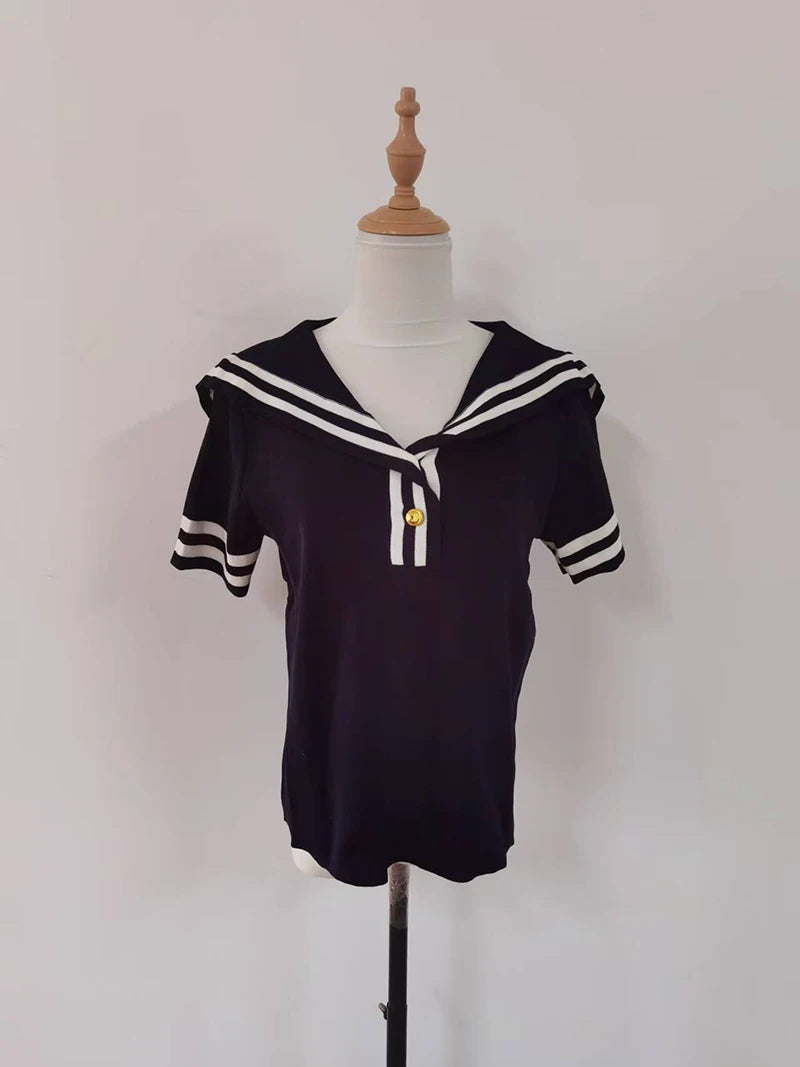 Oversize Sailor Collar Short Sleeve Thin Knitted T-shirt Women Slim Patchwork Big Sizebasic Shirt Summer Female Chic Blue Top