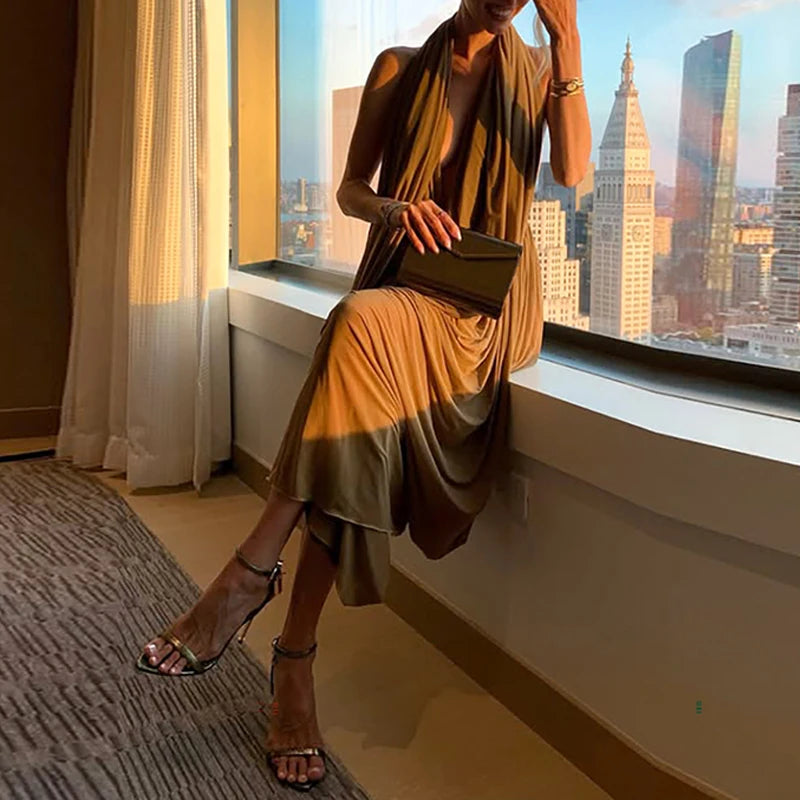 OMSJ Halter Ruched Irregular Backless Summer Sleeveless Trendy Bodycon Loose Maxi Dress Women Y2k Sexy Elegant Party Vestidos