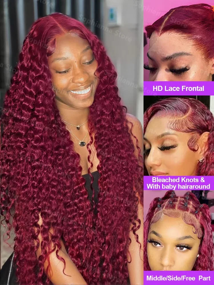 250% Density 99J 13x4 HD Lace Front Human Hair Wigs Burgundy 30 Inch Deep Wave Peruvian Curly Glueless Lace Frontal Closure Wigs