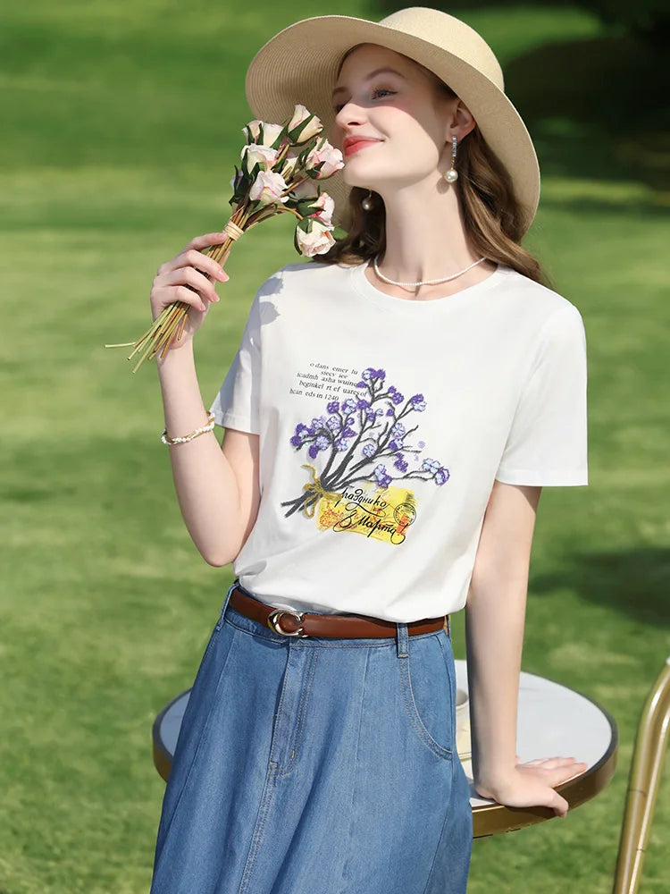 I BELIEVE YOU Beads Embroidered T-shirt Female 2025 Summer Letter Printing Casual Top Short Sleeve Cool Cotton Tees 2251015989