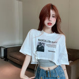 Summer New Letter Print T-shirt Women's Loose Open Navel Short Sleeve Hot Girls Crop Top Street Chic Female Chain Retro Tees Y2k