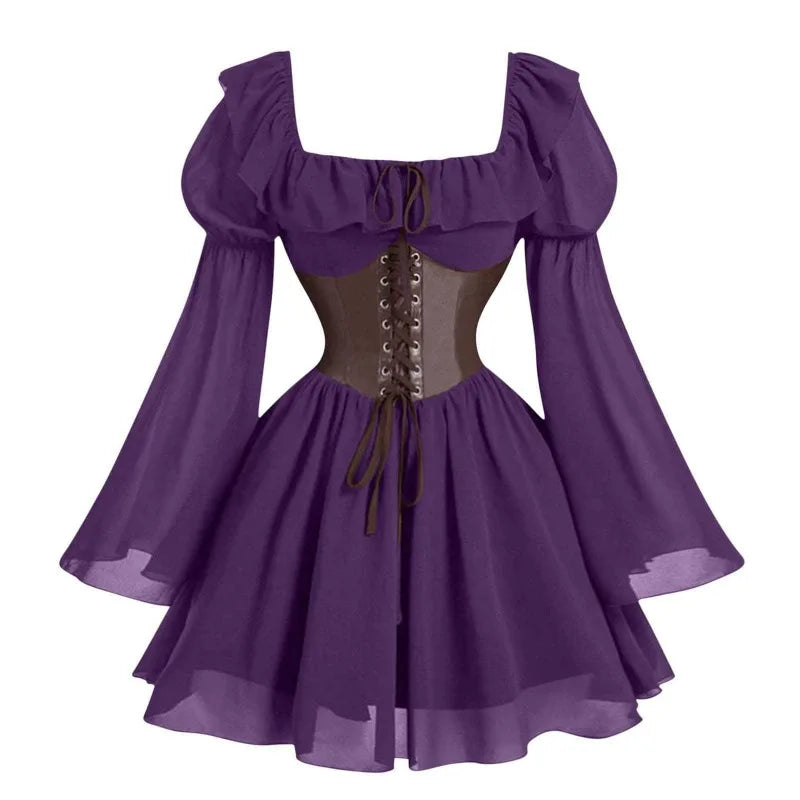Renaissance Period Medieval New Long Sleeved Women's Bubble Sleeve Dress Halloween Fashion Retro New Party Waist Cinched Skirt