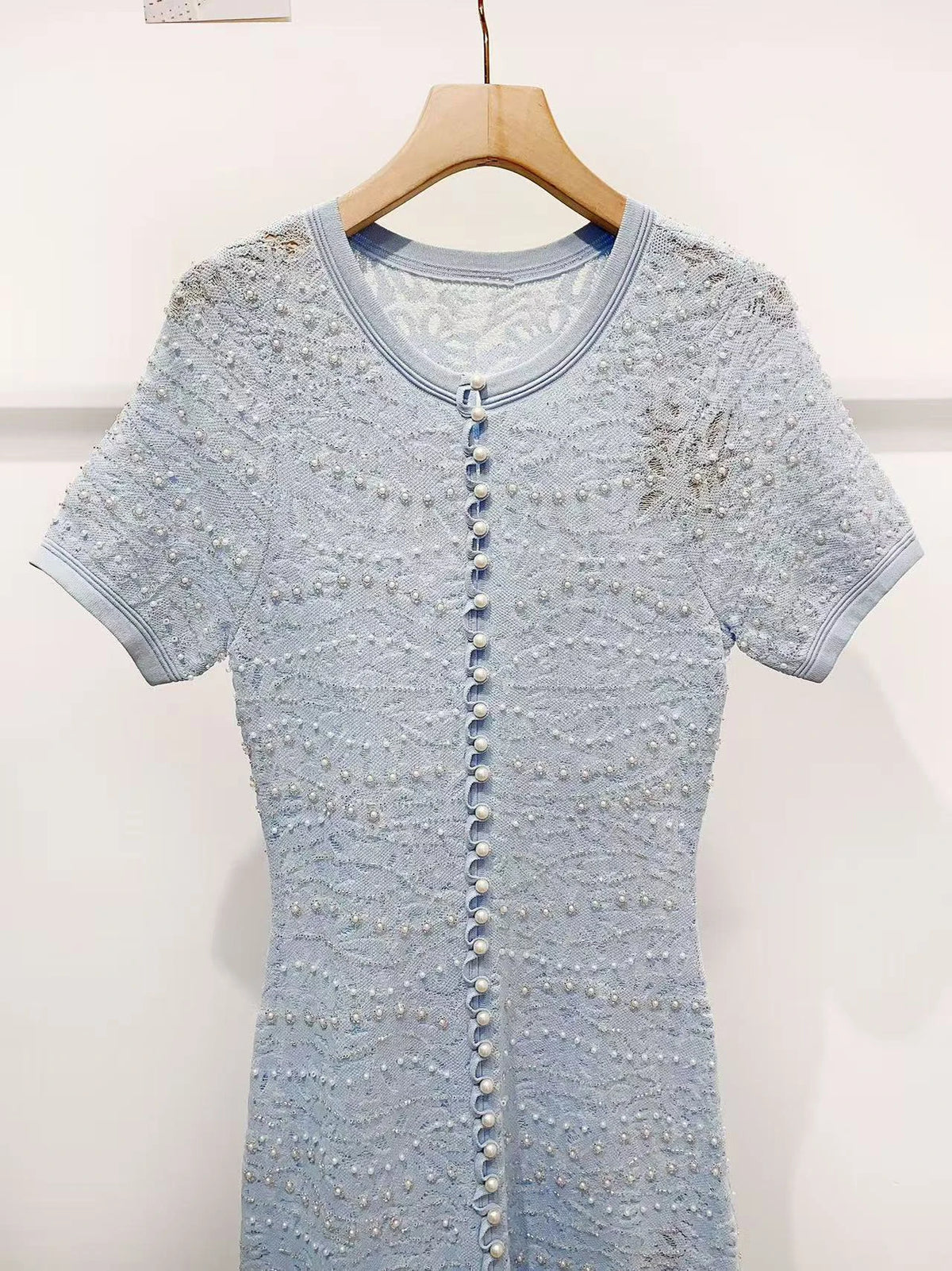 Fashion Blue Pearl Decoration Lace Jacquard Knit Midi Dress Women Temperament Elegant O-Neck Short Sleeve Slim Robe Ladies