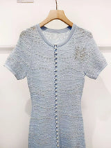 Fashion Blue Pearl Decoration Lace Jacquard Knit Midi Dress Women Temperament Elegant O-Neck Short Sleeve Slim Robe Ladies