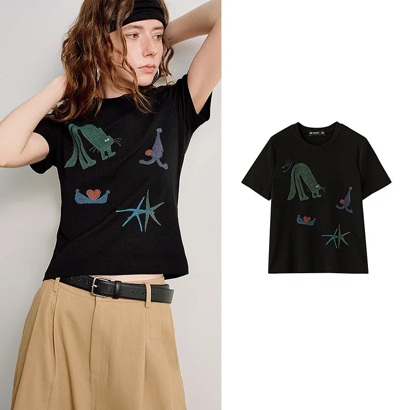 TOYOUTH women's Lyocell Cool Touch T-shirt 2026 Spring New Art Collaboration Slim Fit Short Sleeve Tops