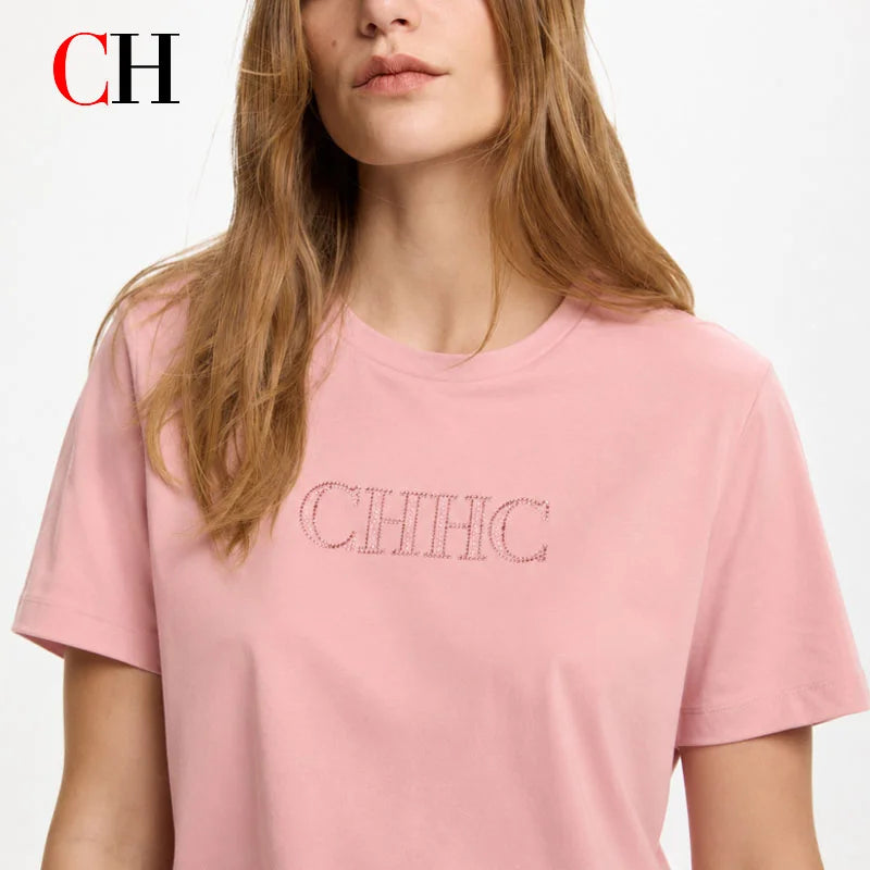 CH Women's Pink Cotton T-Shirt Embroidered Letter Short Sleeve Casual Summer Basic Top