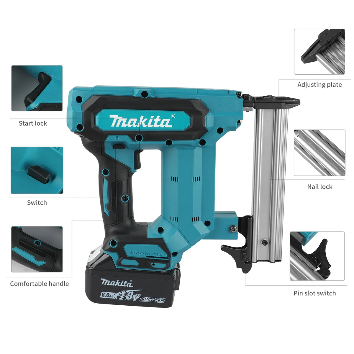 Makita Lithium-Ion Nail Gun:18V, 6.0Ah Battery, 100-Nail Capacity, Cordless, Ideal for Flooring, Shelving & DIY Wood Projects