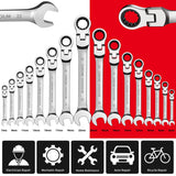 12/14/16/17pcs Flex-Head Ratchet Wrench Set, 6-26mm, 72 Teeth, Cr-V Constructed Combination Ended Span Kit with With Rolling Pou