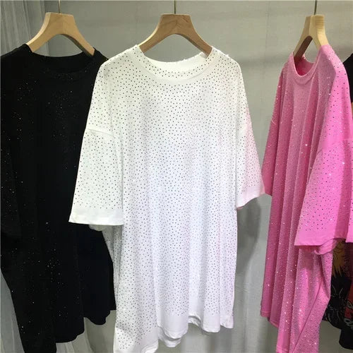 Women Hot drilling Diamonds T-shirts Round Neck Sequined Tees Loose Medium Length Summer Cotton Beaded Tshirts Jumpers Crop Tops