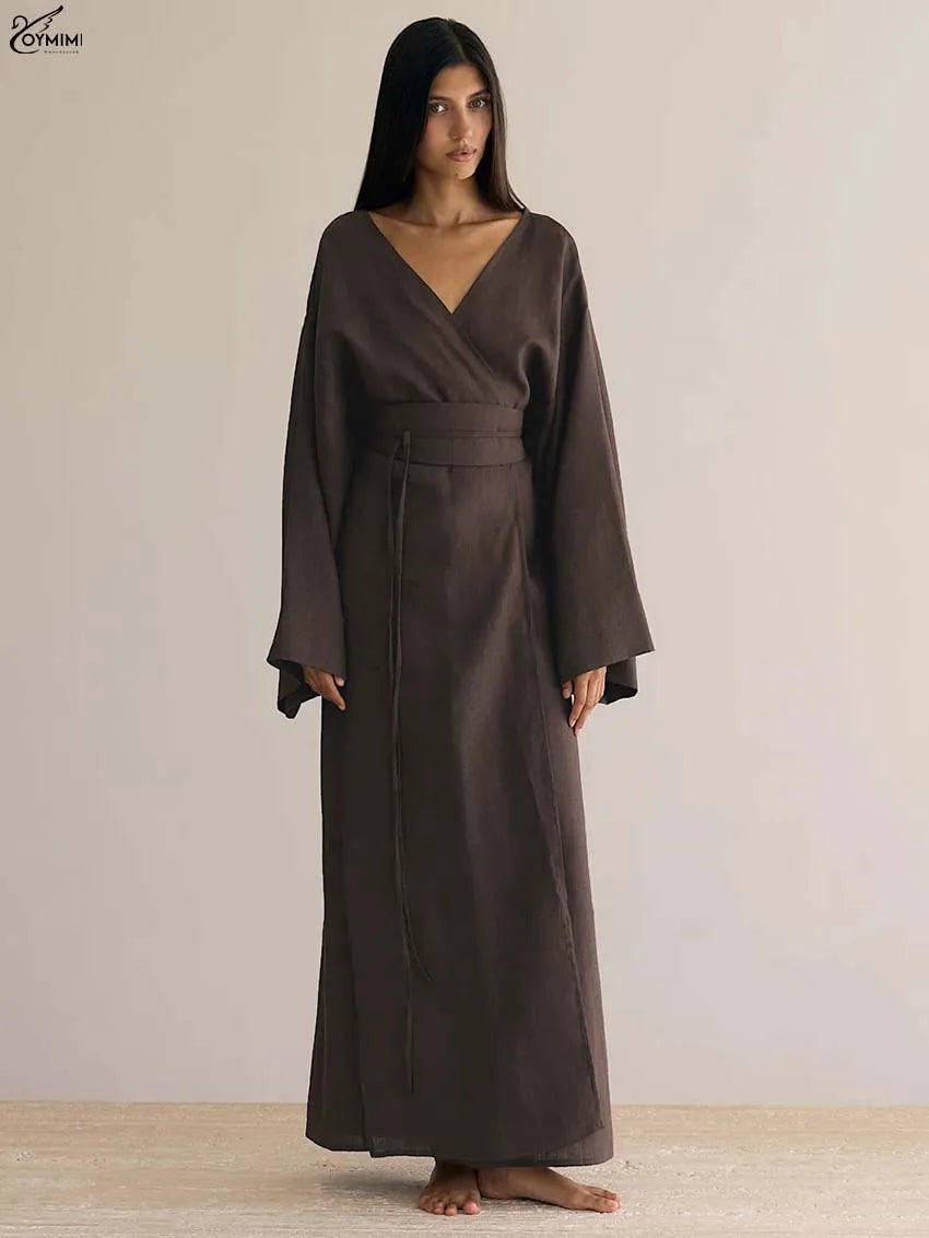 Oymimi Fashion Borwn Cotton Women's Dress Elegant V-Neck Long Sleeve Lace-Up Dresses Casual New Side Slit Ankle-Length Dresses