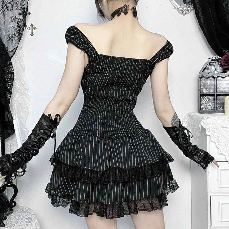 Goth Dark Lolita Outfits Cyber Y2K Striped Bandage Mini Dresses Sweet Lace Stitch Hem Cake Dress Mall Gothic Straps Party Gown