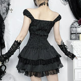 Goth Dark Lolita Outfits Cyber Y2K Striped Bandage Mini Dresses Sweet Lace Stitch Hem Cake Dress Mall Gothic Straps Party Gown