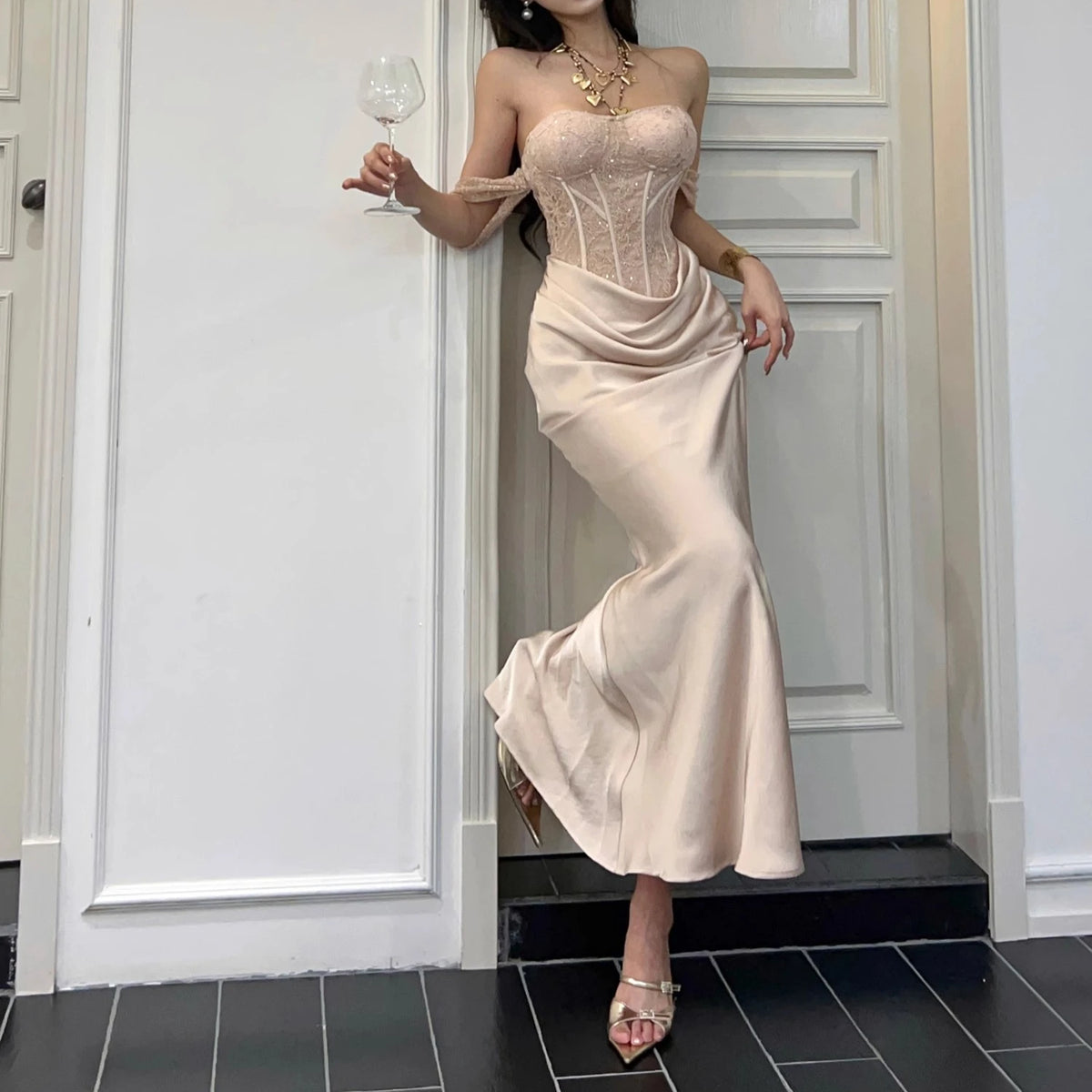 Pink Satin Patchwork Elegant Trumpet Dress Women Off The Shoulder Vintage Clothing Lady Birthday Party Chic Vestidos Bodycon