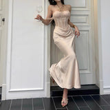 Pink Satin Patchwork Elegant Trumpet Dress Women Off The Shoulder Vintage Clothing Lady Birthday Party Chic Vestidos Bodycon