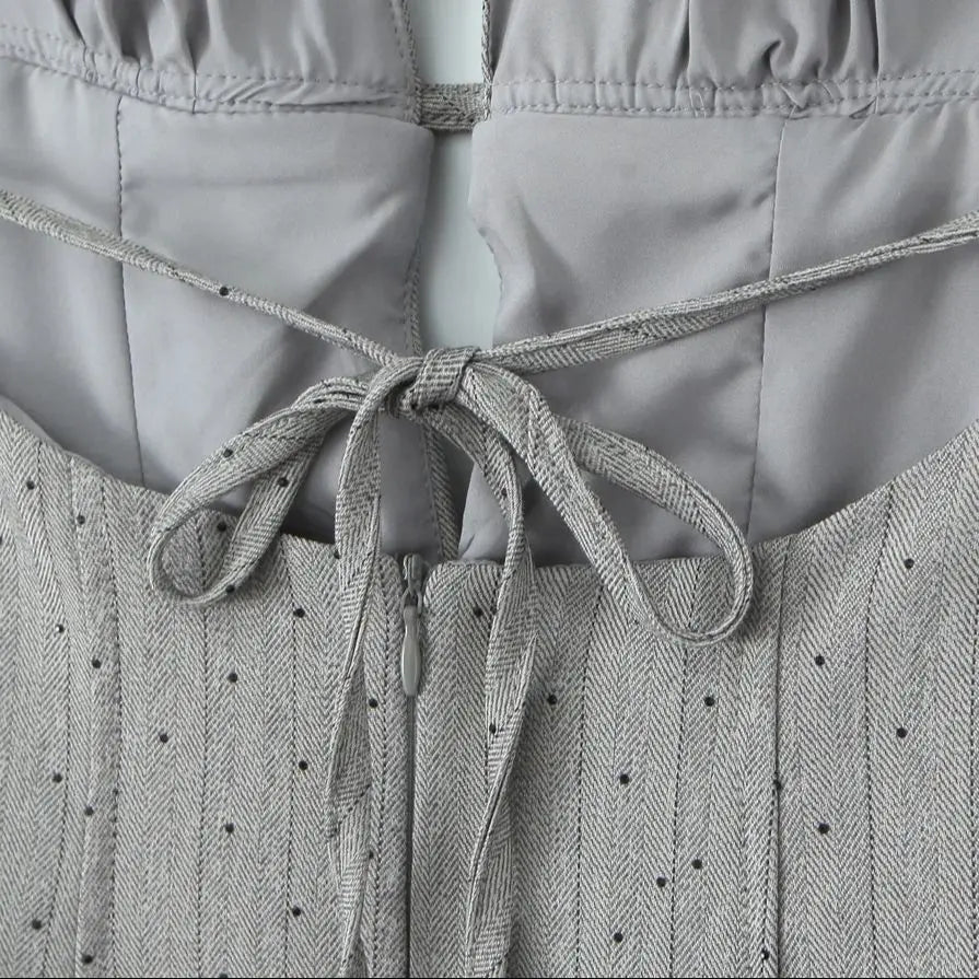 Sexy Women Gray Diamond Dot V Neck Pleated Ruched Halter Dress Backless Slim Low Waist Swing Ball Gown Short Dresses Robe