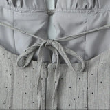 Sexy Women Gray Diamond Dot V Neck Pleated Ruched Halter Dress Backless Slim Low Waist Swing Ball Gown Short Dresses Robe