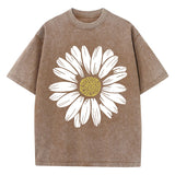 Simple Beautiful Sunflower Prints Washed T-Shirts Women Cottont Shirts O-Neck Oversized Acid Wash Tops Vintage Woman Streetwear
