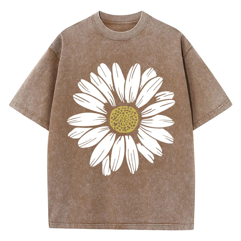 Simple Beautiful Sunflower Prints Washed T-Shirts Women Cottont Shirts O-Neck Oversized Acid Wash Tops Vintage Woman Streetwear