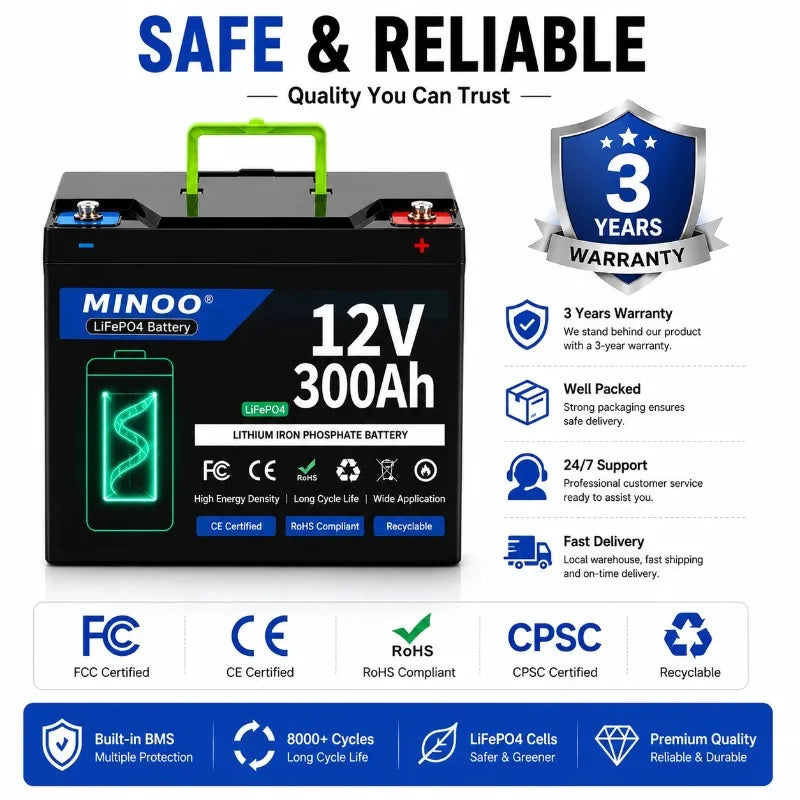 12V 300Ah Lithium LiFePO4 Deep Cycle Battery, 8000+ Cycles Rechargeable Battery for Solar/Wind Power,Small UPS,Lighting,and More