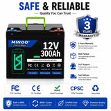 12V 300Ah Lithium LiFePO4 Deep Cycle Battery, 8000+ Cycles Rechargeable Battery for Solar/Wind Power,Small UPS,Lighting,and More
