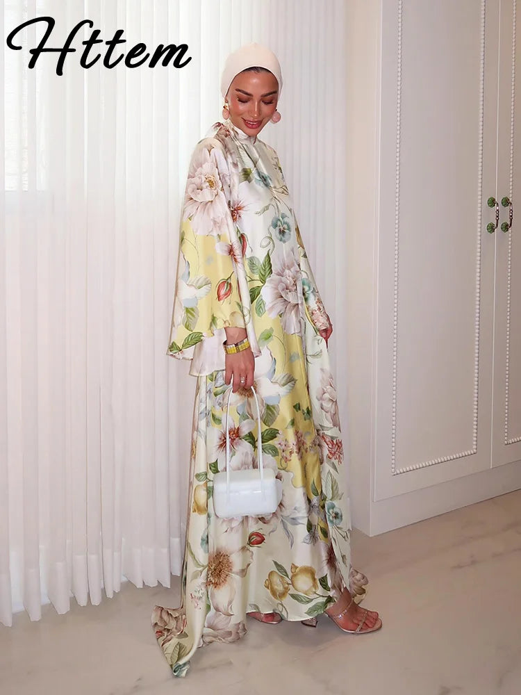Elegant Long Print Women Dress Vacation Stand Collar Full Flare Sleeve Waist-cinching Female Dresses 2026 Summer Lady Robe New