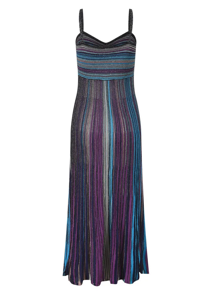 DEAT Fashionable A-Line High-Waist Color Striped Pleated Slimming Camisole Dress 2026 Autumn Women's Party Dresses New